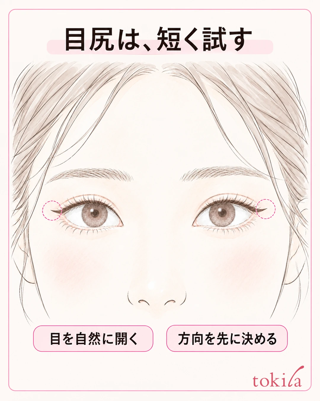 자연스럽게 뜬 양쪽 눈의 눈꼬리에 짧은 선을 놓고 방향을 확인하는 그림