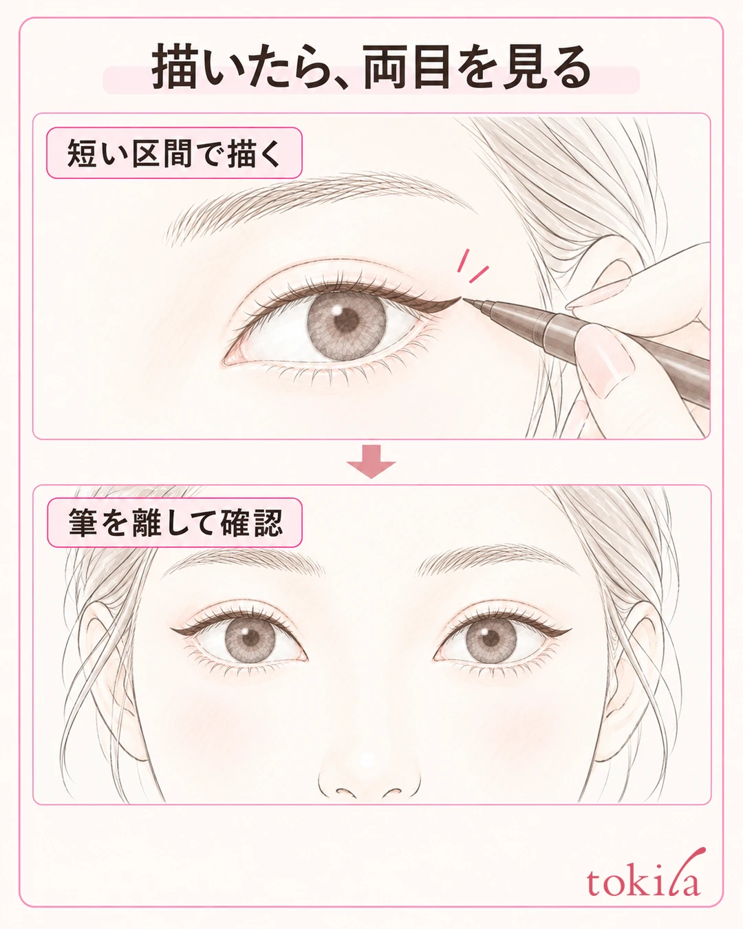 눈꼬리의 짧은 구간을 그린 뒤 붓을 떼고 양쪽 눈을 자연스럽게 뜬 채 확인하는 순서 그림