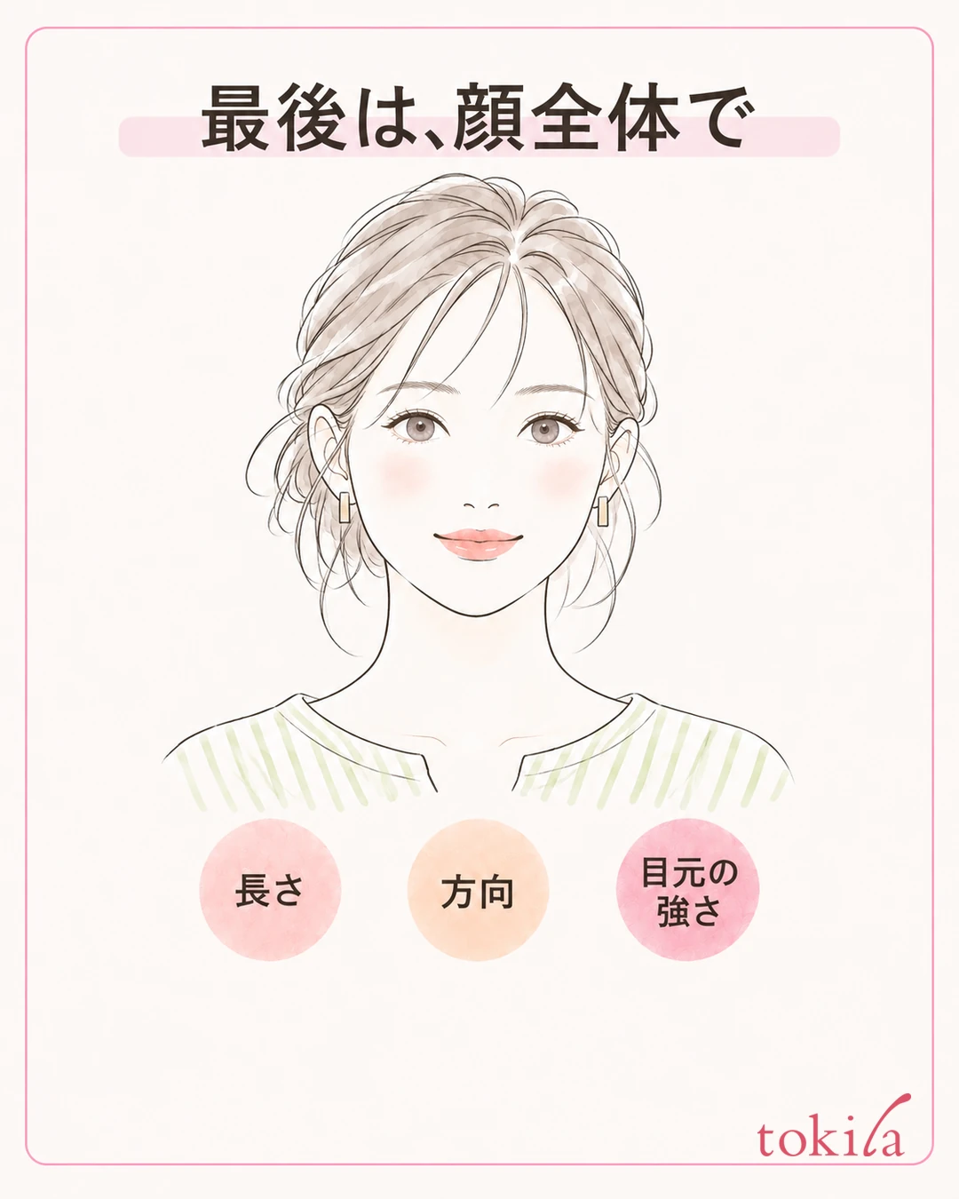 자연스럽게 양쪽 눈을 뜬 얼굴 전체에서 아이라인의 길이·방향·눈가의 강도를 확인하는 그림