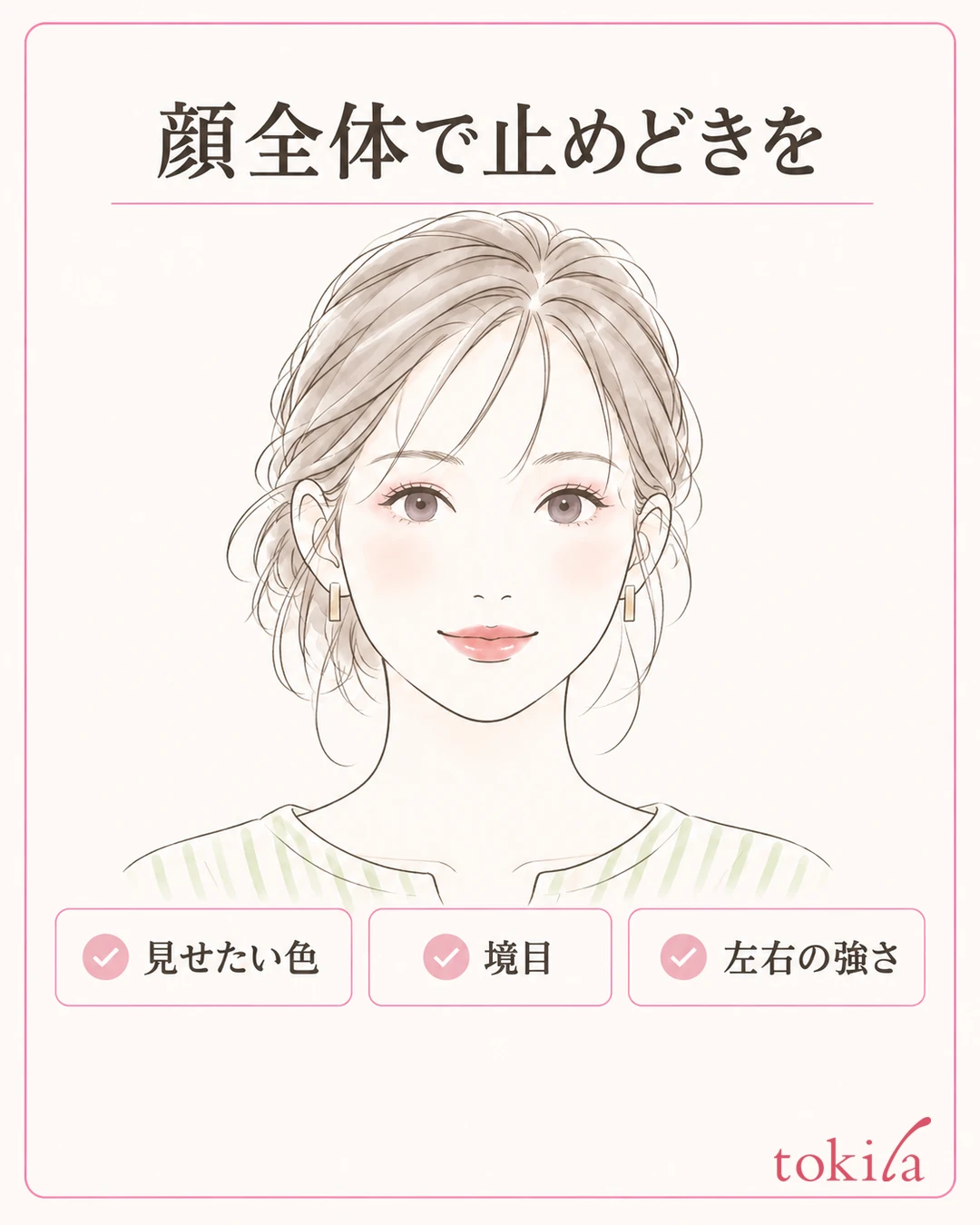Diagram of checking the eyeshadow color, edges, and left-right strength on a front-facing face with both eyes visible