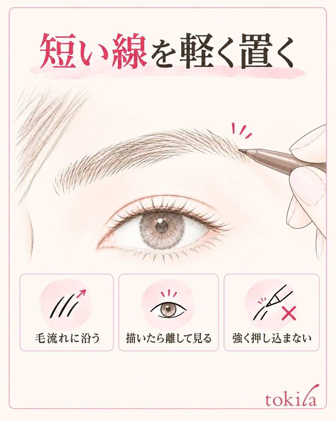 Diagram of touching an eyebrow pencil tip lightly to the skin in a gap in the brow and drawing a short stroke that follows the hair direction