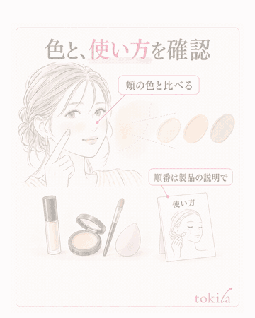 Supplementary diagram: check a color that blends with the surroundings and the order and tools of the products you have; place a small amount and blend the outline while avoiding the center you want to keep; fix it differently when only the edge remains and when the center has come off