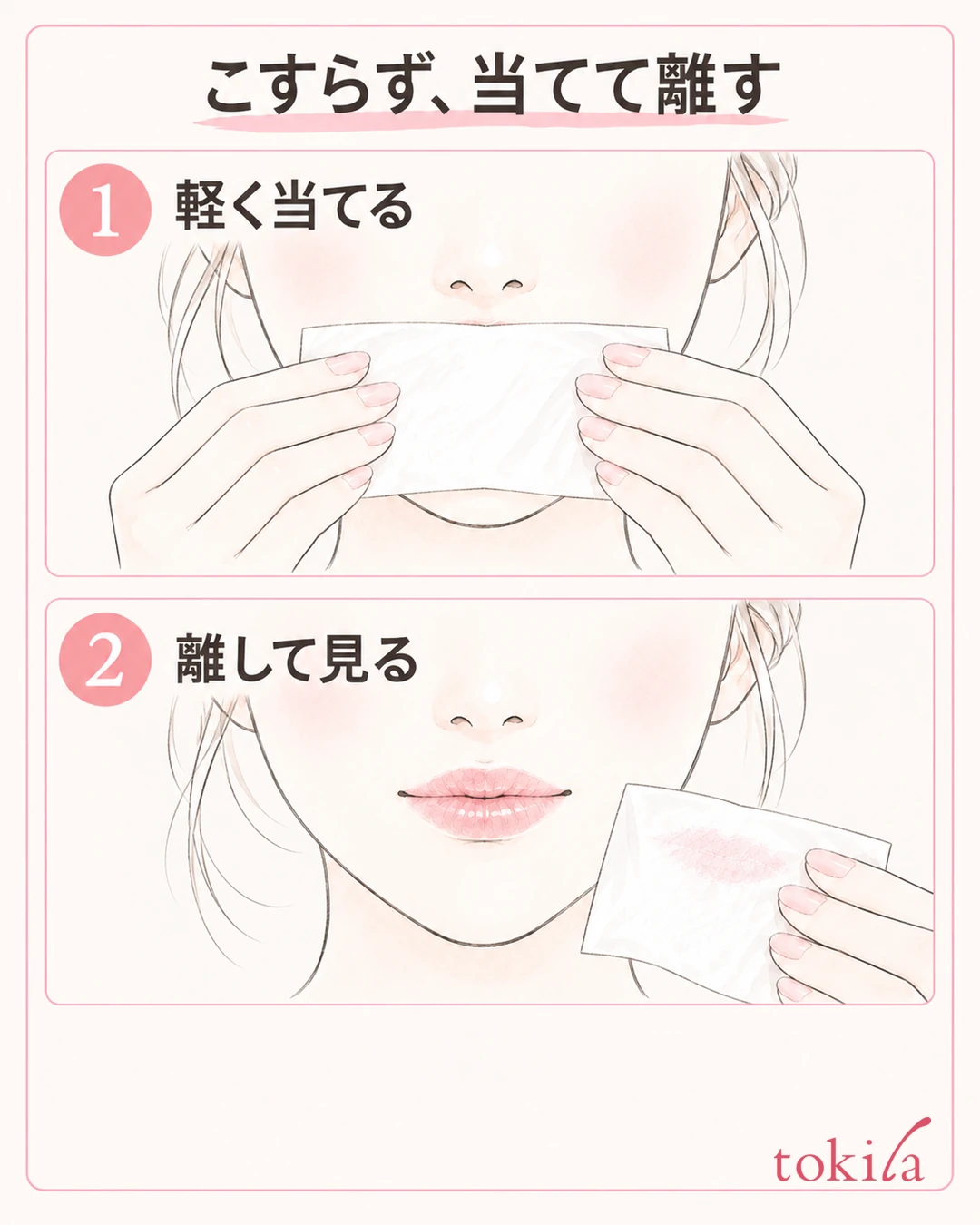 Steps of lightly touching the flat surface of a tissue to the lips, lifting it away and checking the remaining color