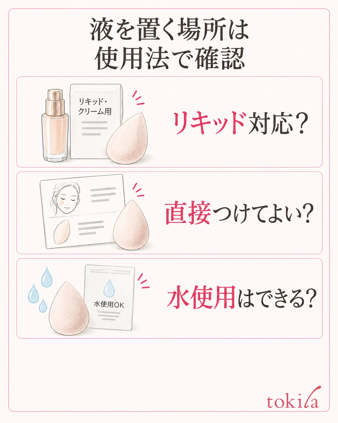 スポンジのリキッド対応、直接つける可否、水使用の可否を確認する三項目