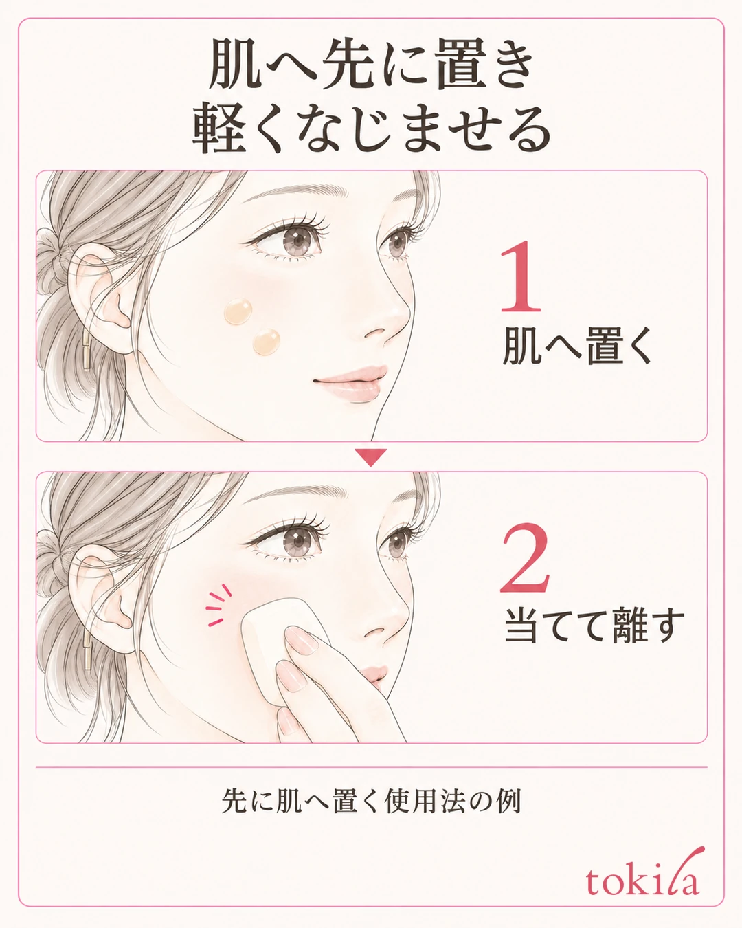 頬へ先に液を置き、スポンジの広い面を軽く当ててなじませる二段階の図
