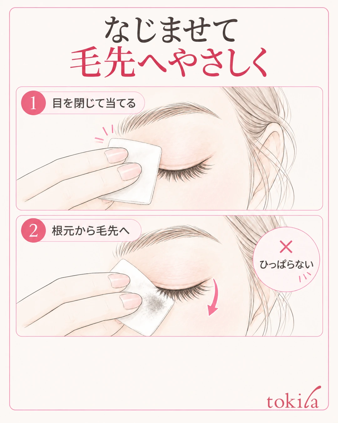 閉じた目にコットンを軽く当ててなじませ、まつ毛の根元から毛先へ拭く二段階の図