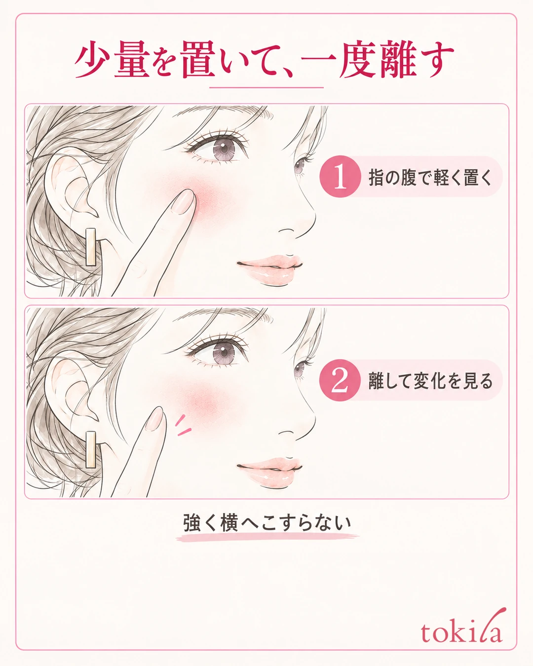 指の腹を頬へ軽く当て、次に指を離して色を見る2段階の図