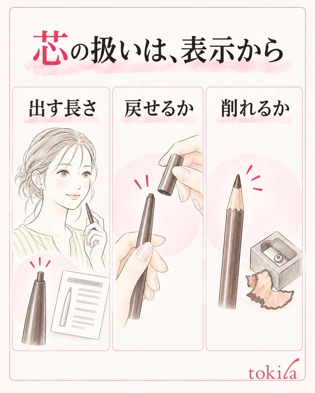 ペンシルアイライナーの説明を確認する三つの項目