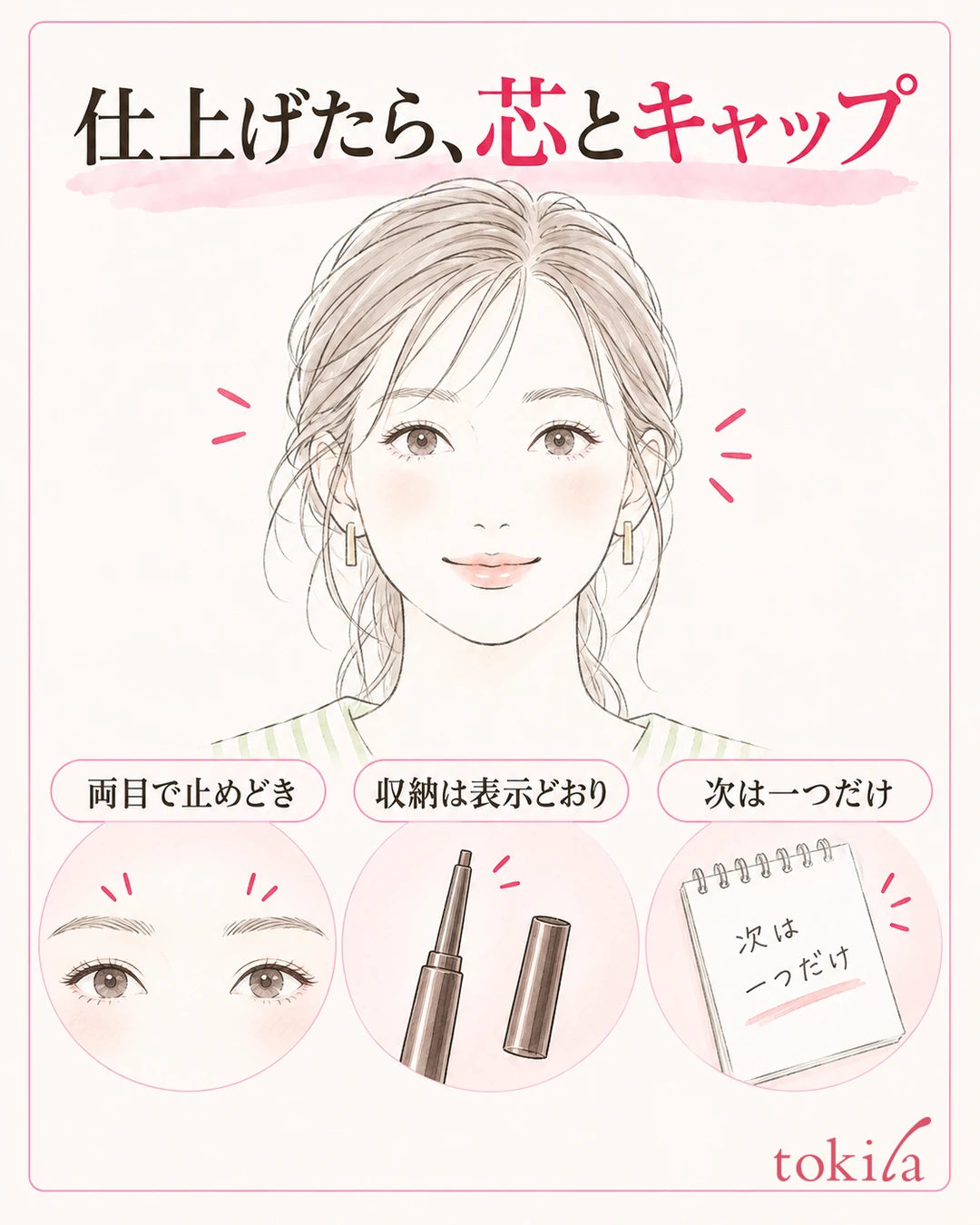 自然に目を開けた両目と、ペンシルのキャップと振り返りの図