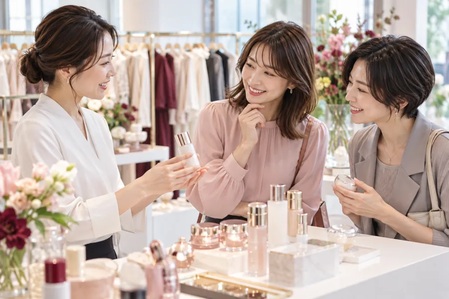 美容・ファッションのイベントで、商品の紹介を楽しむ女性たち