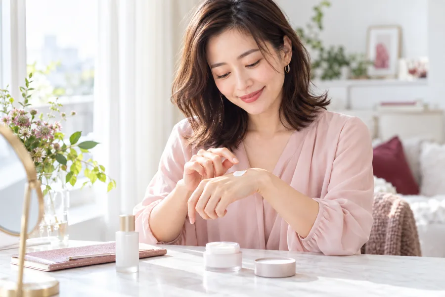 自宅でスキンケアを手の甲に試す女性