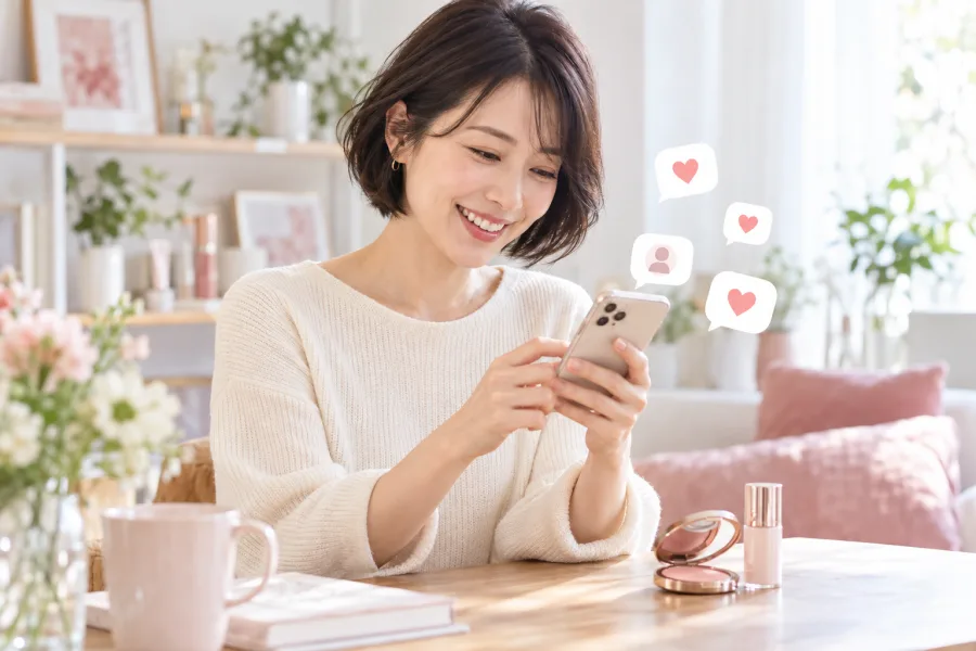 コスメをそばに置き、スマートフォンでコメントを書く女性