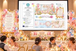 ONE FAMILYのピンクを基調にしたボードとスクリーン、披露宴会場の演出イメージ