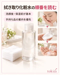 拭き取り用か保湿用かを読み、手持ち品のお手入れの順番を確認します。