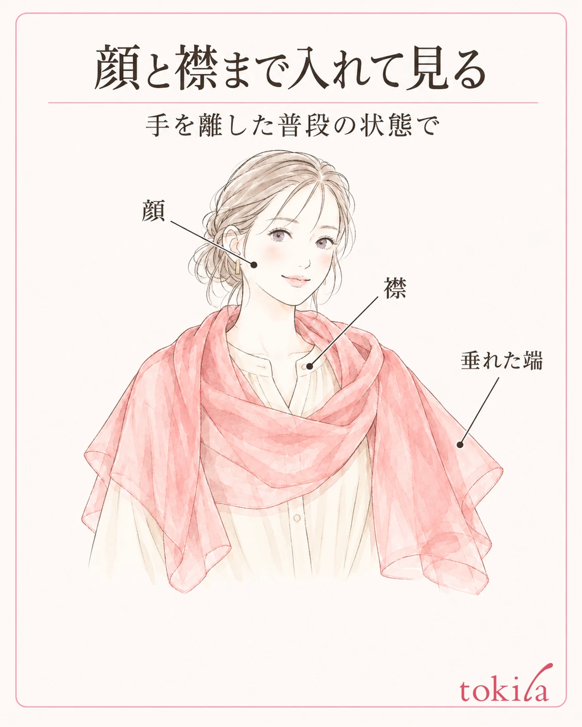 近くの布だけでなく、顔と襟が入る距離で確認します。