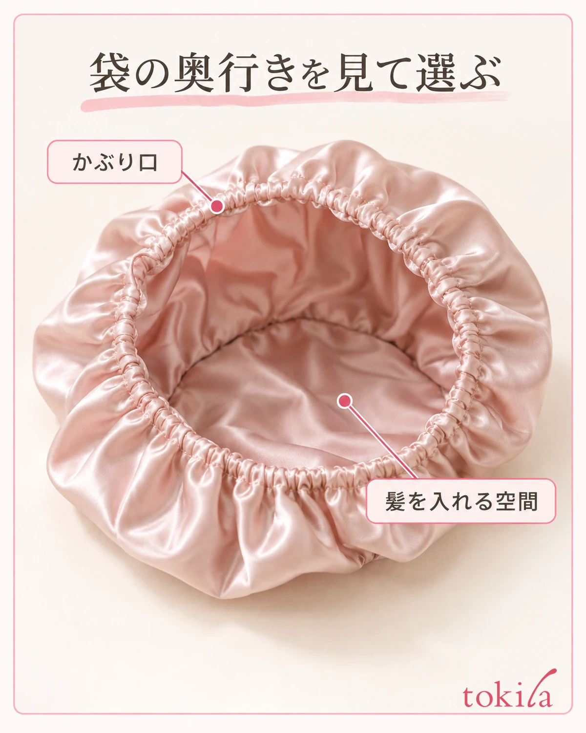 袋の側壁と底から、髪を収める空間を見ます。