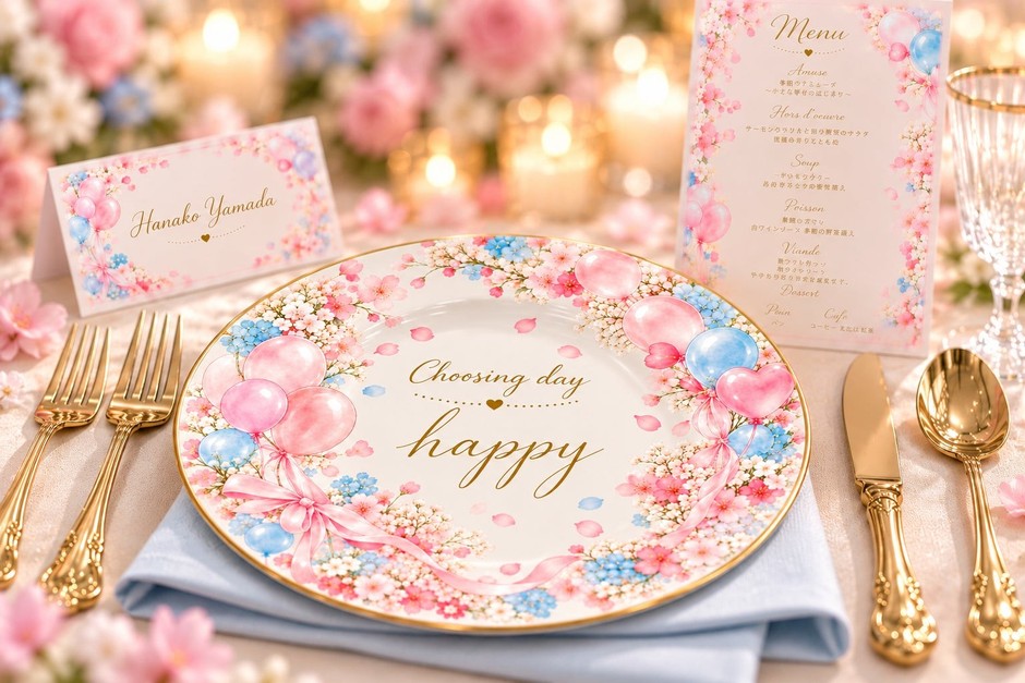 ONE FAMILYの花模様とピンクのモチーフを配した装飾用ショープレートの一例