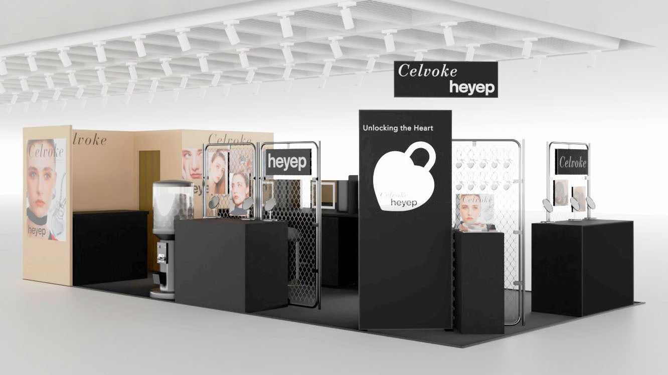 Celvoke×heyepのポップアップ会場のイメージ。黒い什器とハートのモチーフが並ぶ