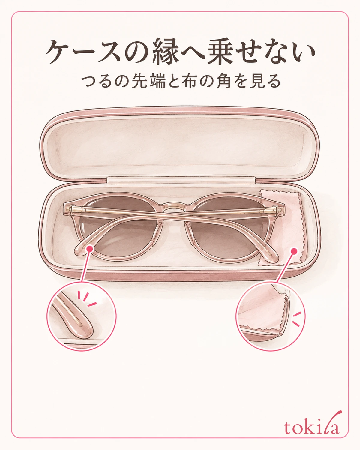 つるの先端と布の角がケースの縁へ乗っていないか見ます。