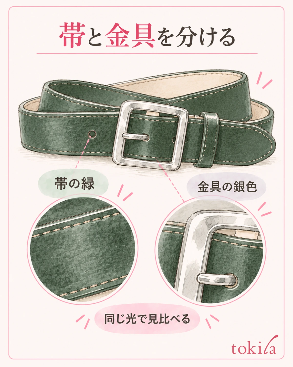 帯と金具を分け、光をそろえて見ます。