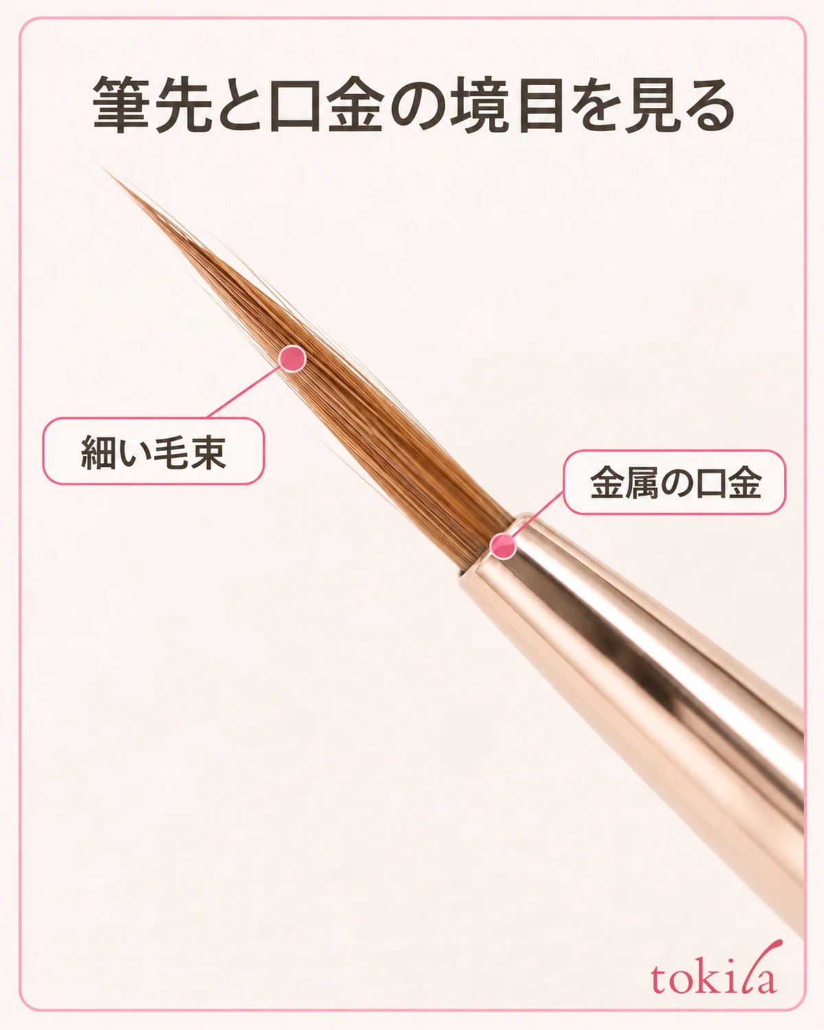 The fine bristle bundle of a nail art liner brush and the boundary with its metal ferrule
