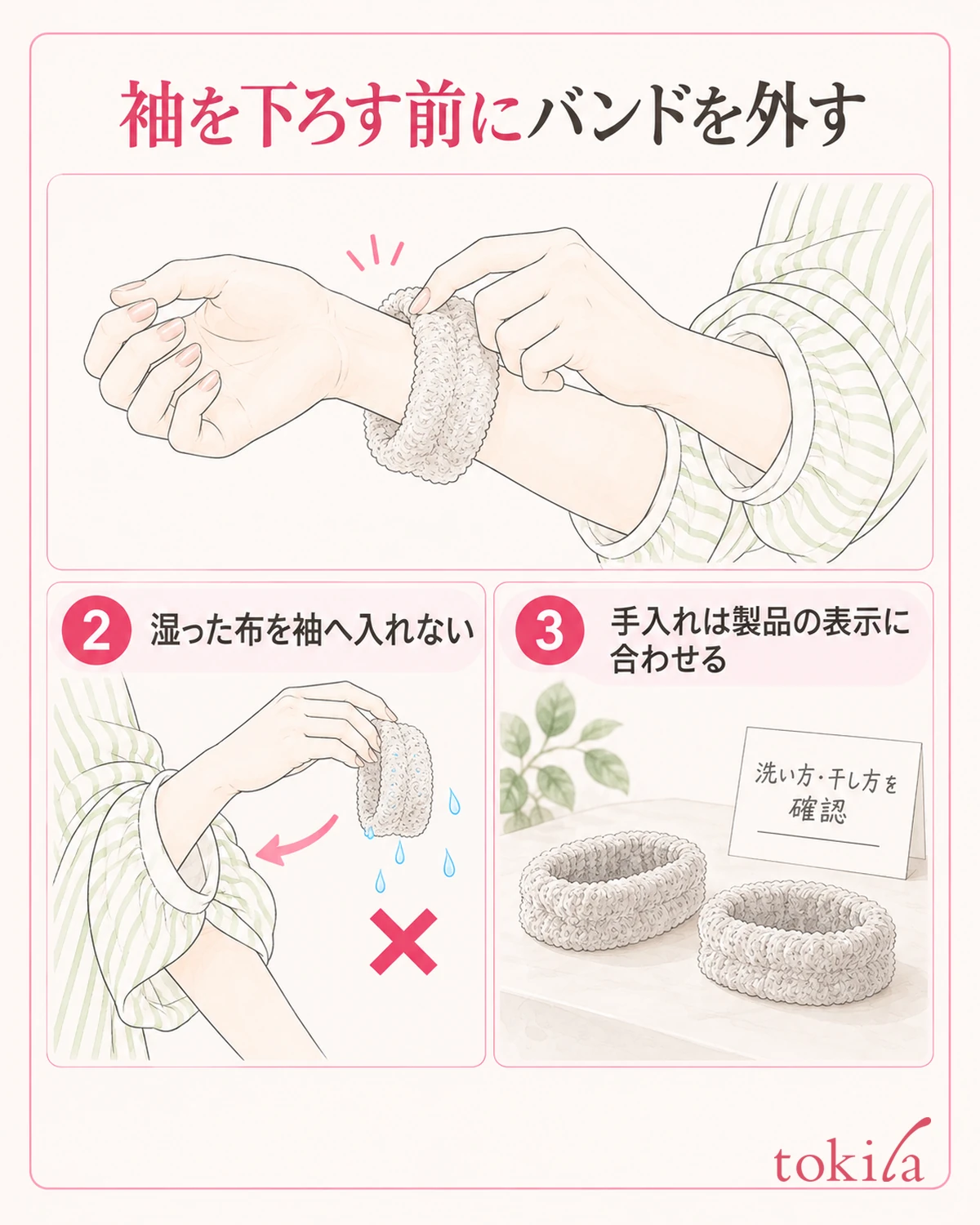 湿ったバンドを外してから袖を下ろし、表示に合わせて手入れします。