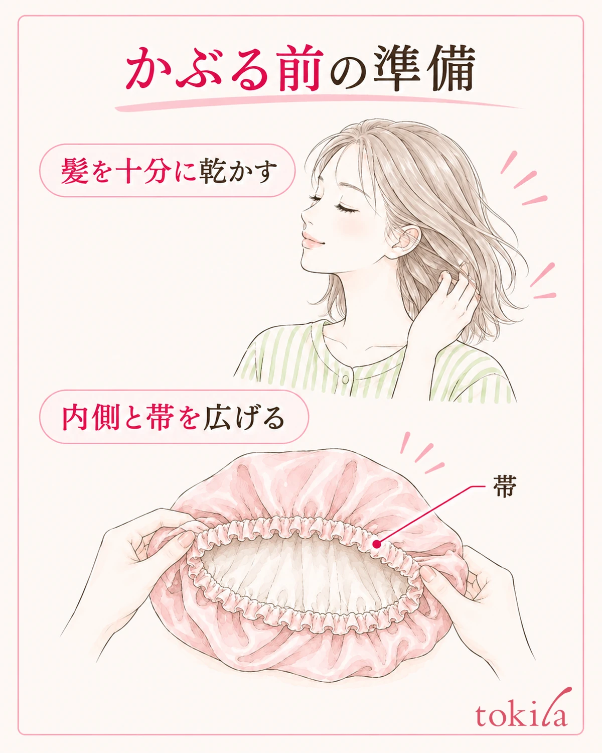 乾いた髪に使う前に、キャップの内側と帯を見ます。