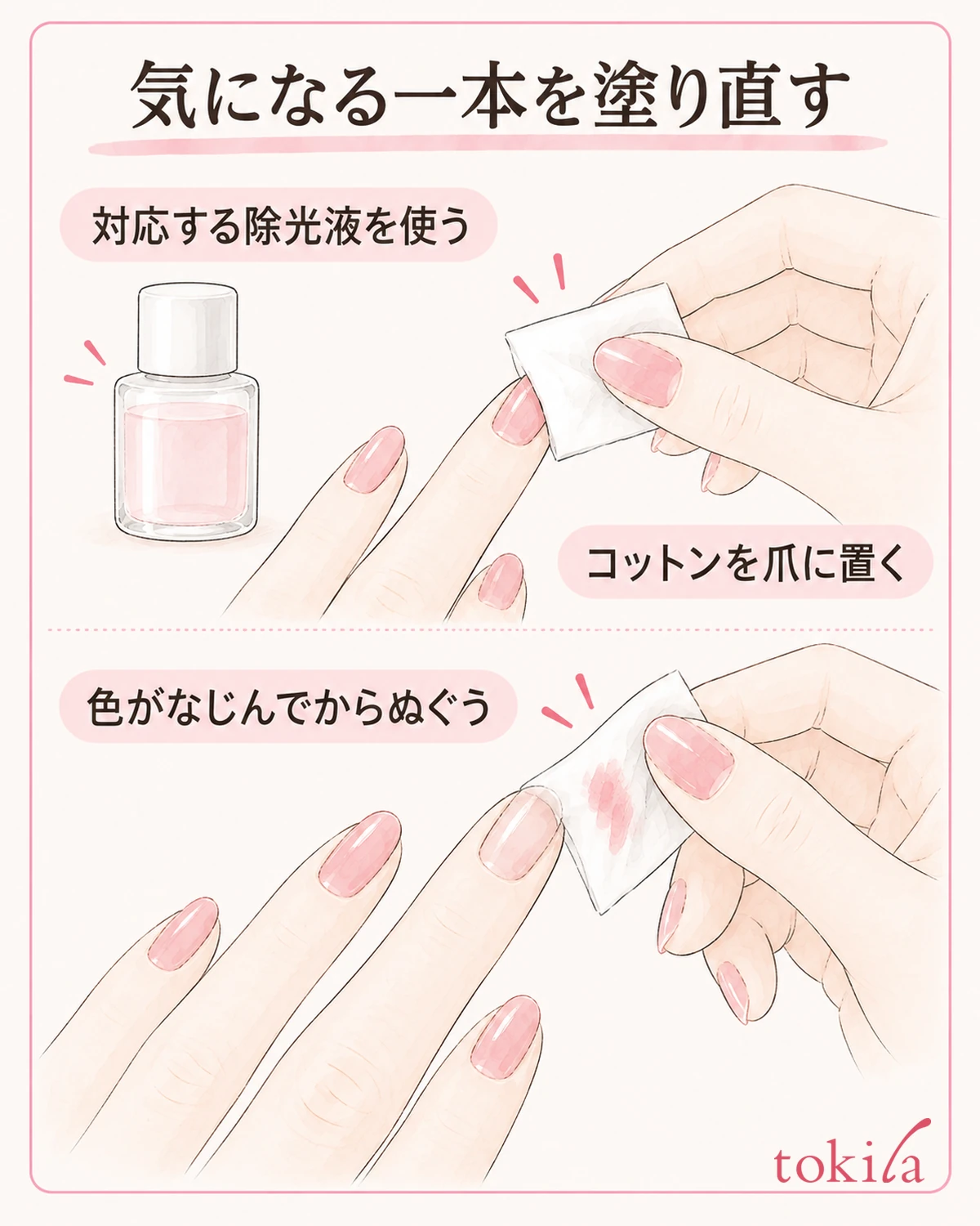 気になる一本を対応する除光液で落とし、準備から塗り直します。