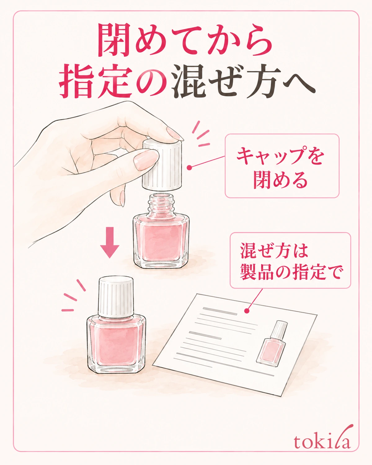 キャップを閉め、その製品の混ぜ方に従います。