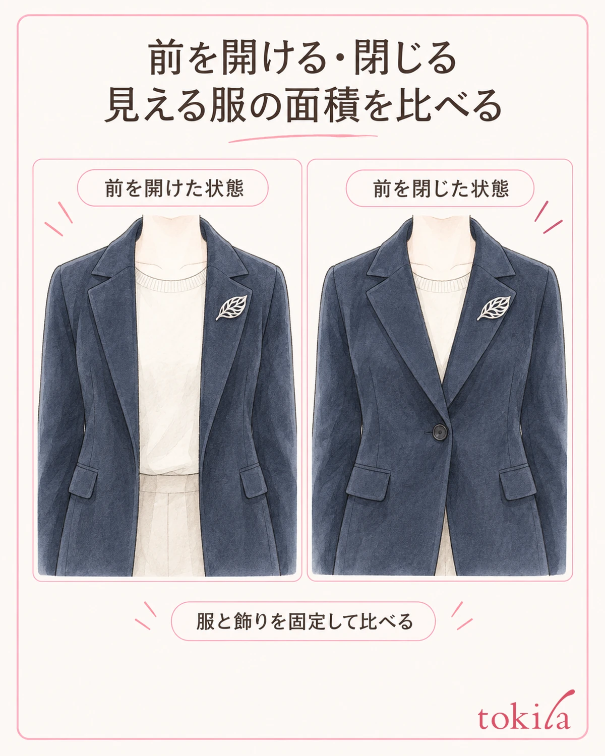 同じ服とブローチで、コートの前の開閉だけを変えて見ます。