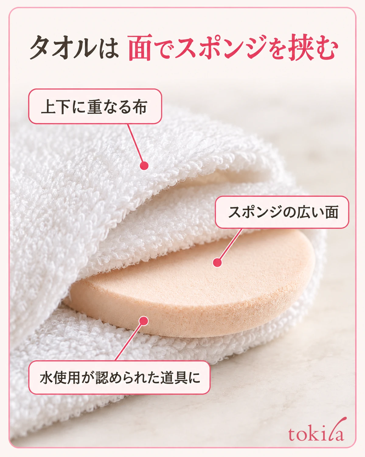 위아래로 겹친 수건의 파일과, 열린 부분으로 보이는 스펀지의 넓은 면