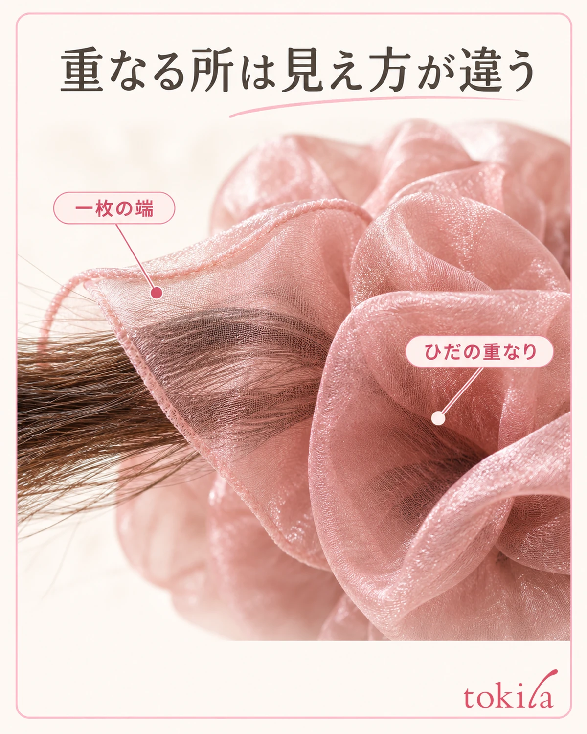 薄い布の端と重なったひだの下の髪を見比べます。