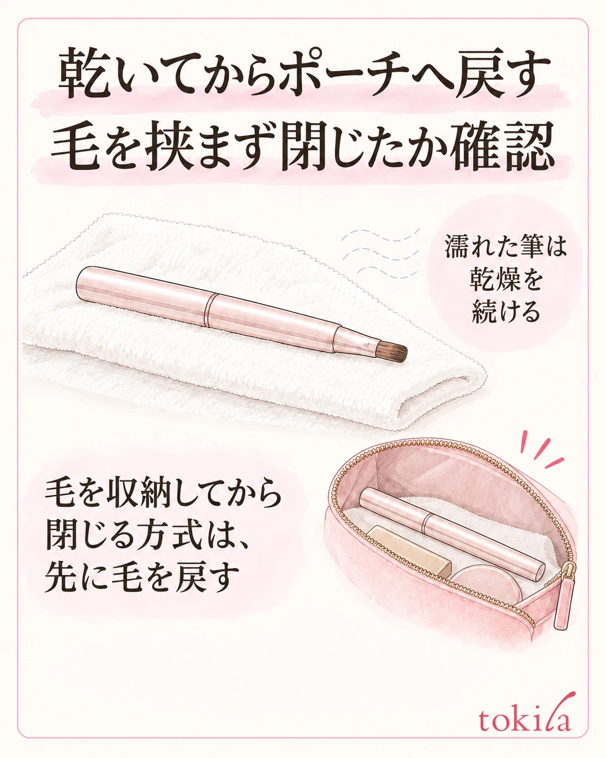 洗った筆は十分に乾かし、毛が外へ挟まっていない状態で携帯します。
