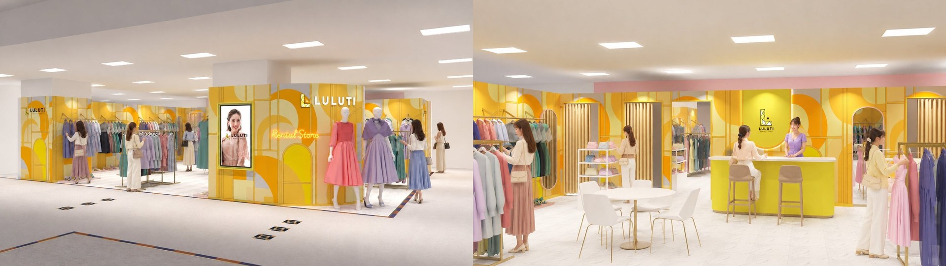 黄色を基調にドレスを並べたルルティ池袋店の店頭と店内のイメージ
