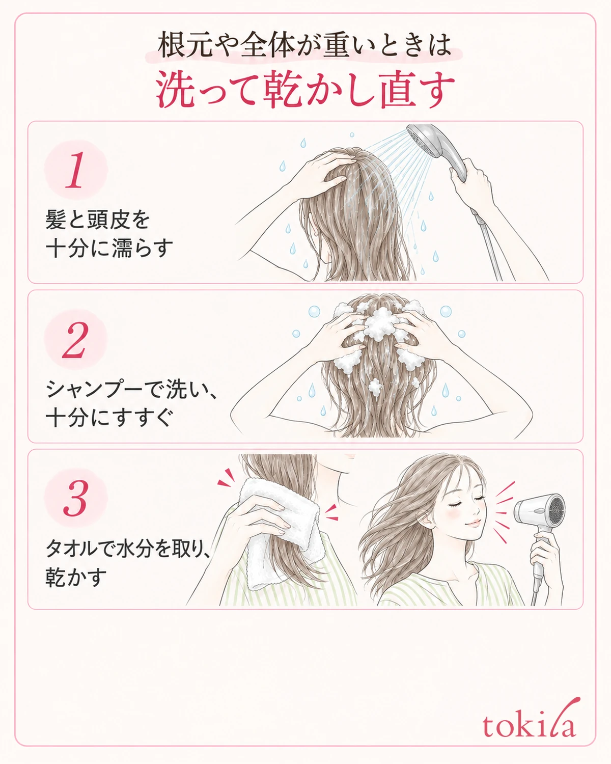 全体が重い場合は、洗う時間と乾かす時間を確保して整え直します。