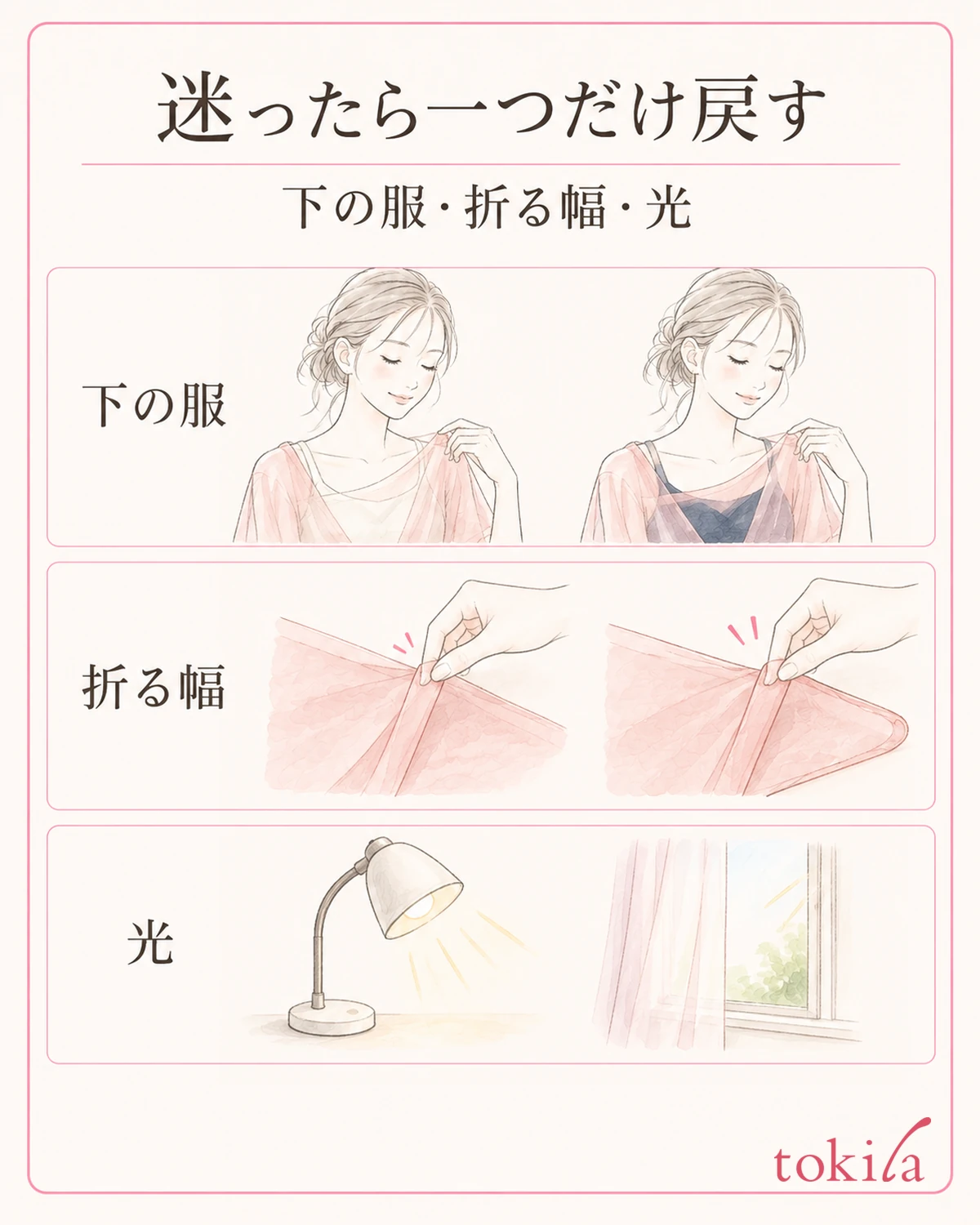 下の服、折る幅、光のうち、次に見直す一つを選びます。