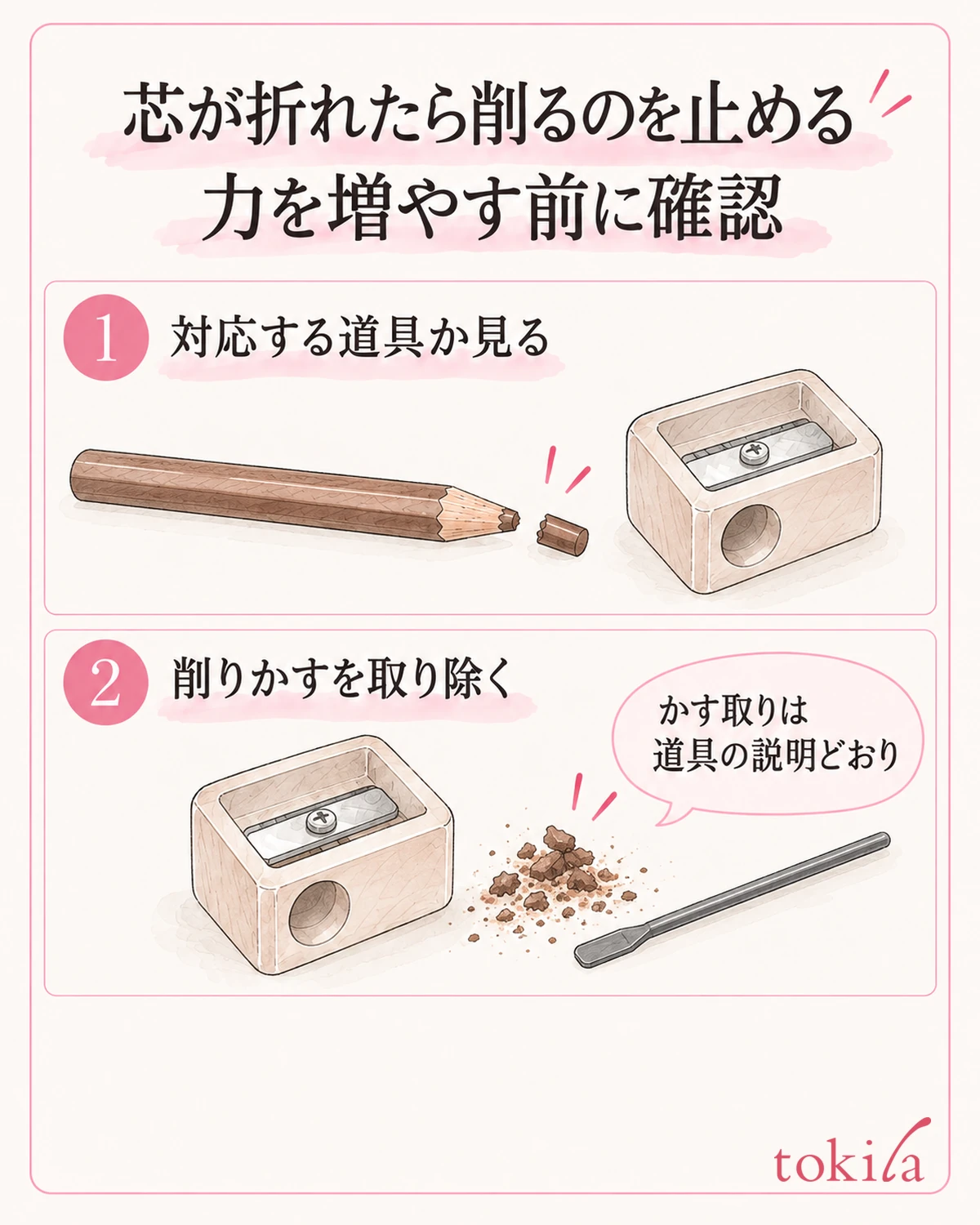 抵抗や芯折れが続いたら止め、適合と削りかすを確認します。