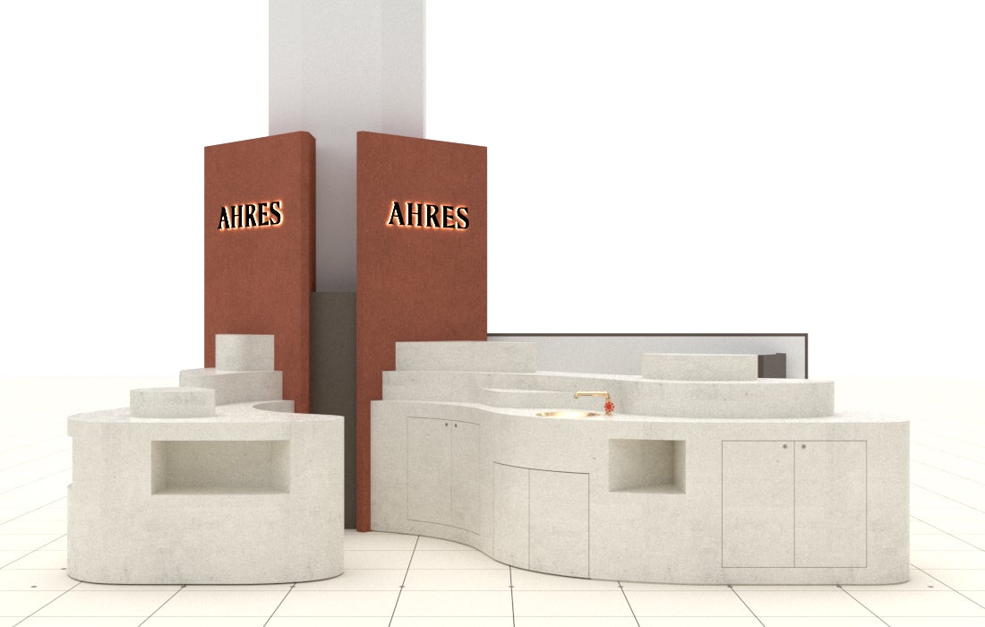 Store image of "AHRES Daimaru Shinsaibashi" opening at Daimaru Shinsaibashi, with reddish-brown fixtures and a counter bearing the logo
