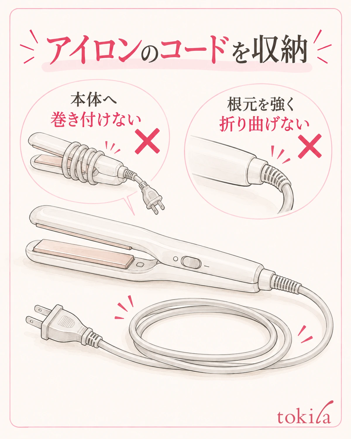 冷めてからコードを確認し、本体へ巻き付けず収める。