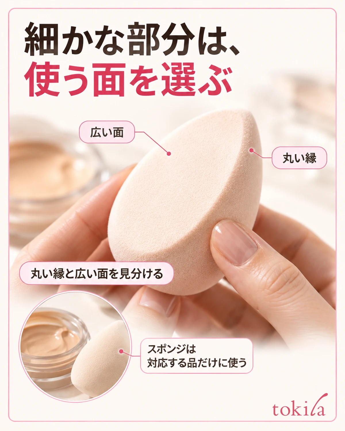 スポンジの広い面と丸い縁を見分け、対応する品で使います。
