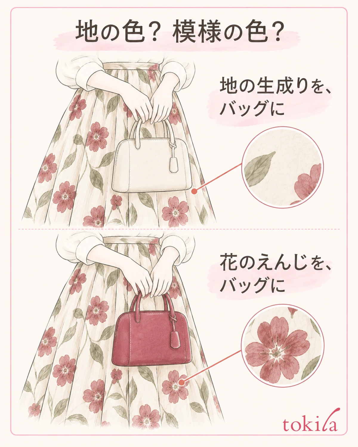 地の生成りと花のえんじを、それぞれバッグへ取り入れる選択肢です。