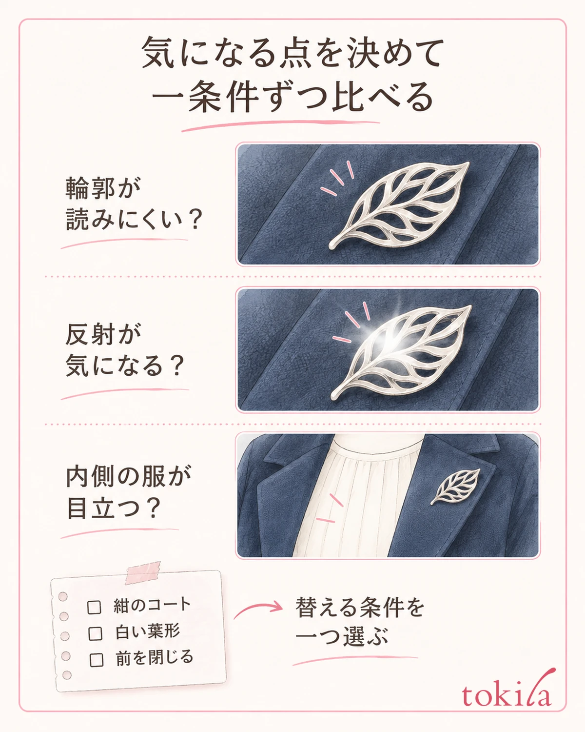 気になる点を一つに絞り、替える前後の条件を短く残します。