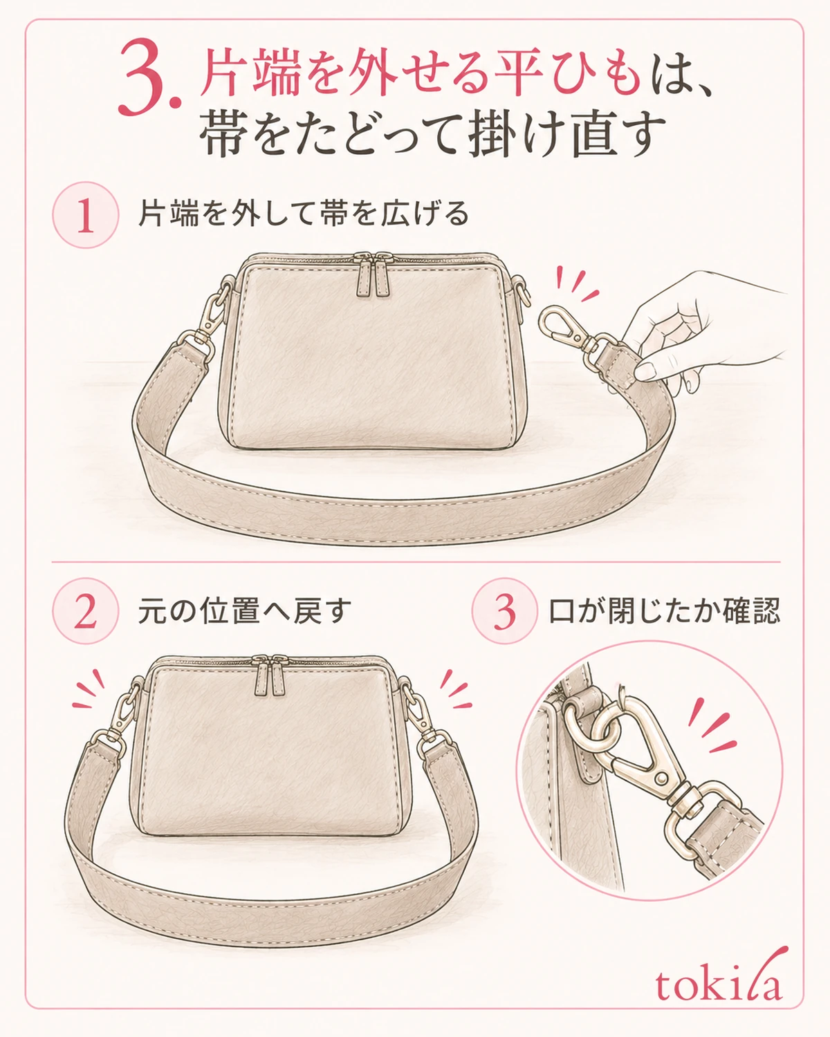 For a detachable flat strap, remove one end, spread out the band, put it back in its original position and check that the gate is closed.