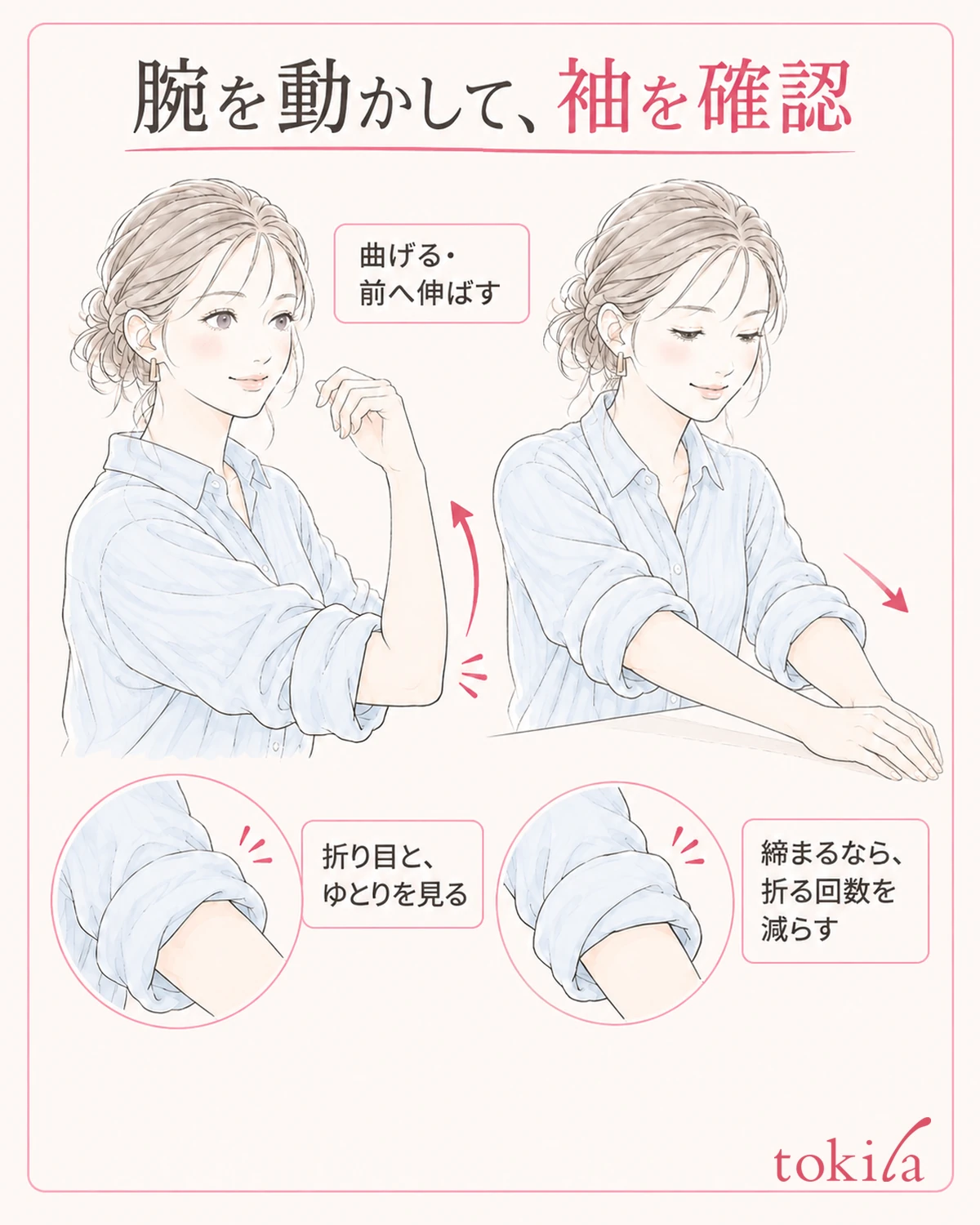 腕を動かして落ち方と締め付けを見直し、変える条件を一つ選びます。