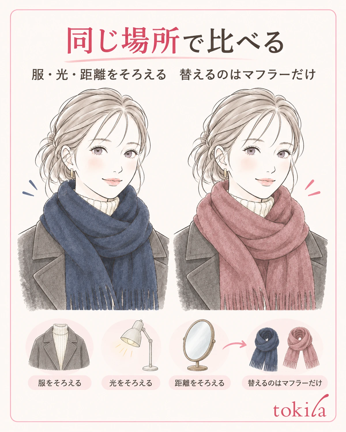服・光・鏡との距離をそろえ、マフラーだけを替えて比べます。