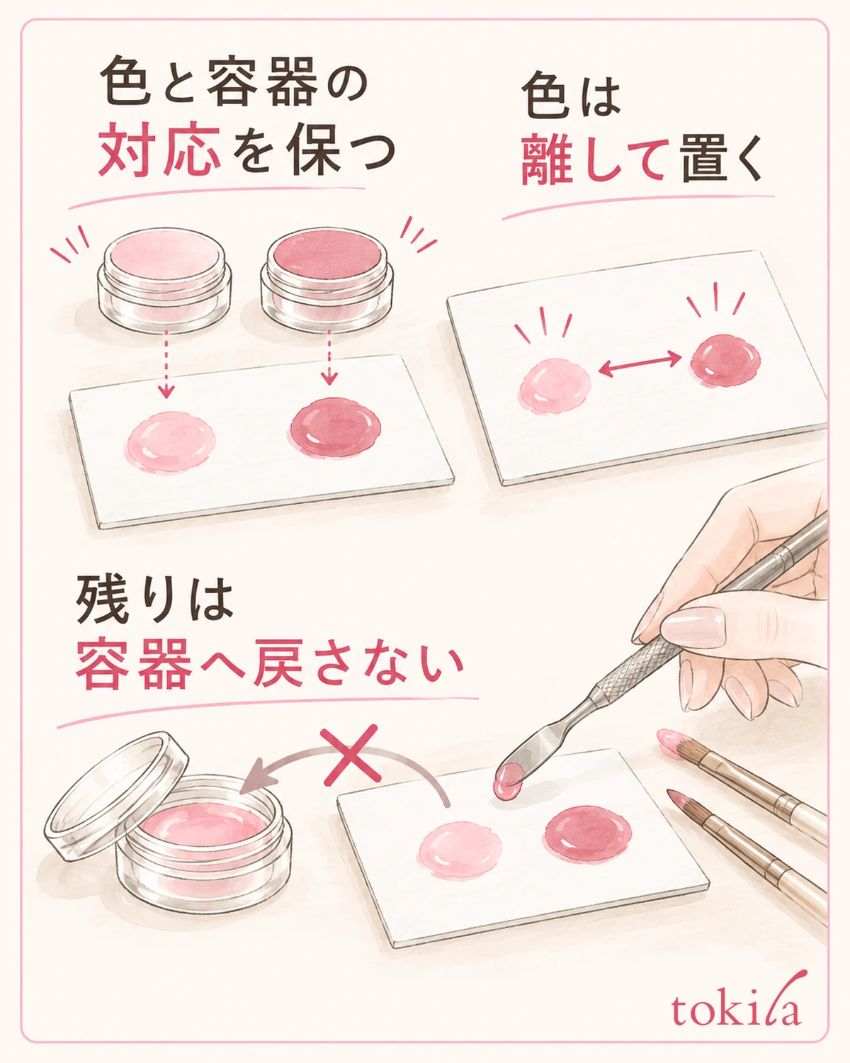 색을 놓는 자리와 도구를 나누고, 덜어 낸 남은 물감은 용기에 되돌리지 않습니다.