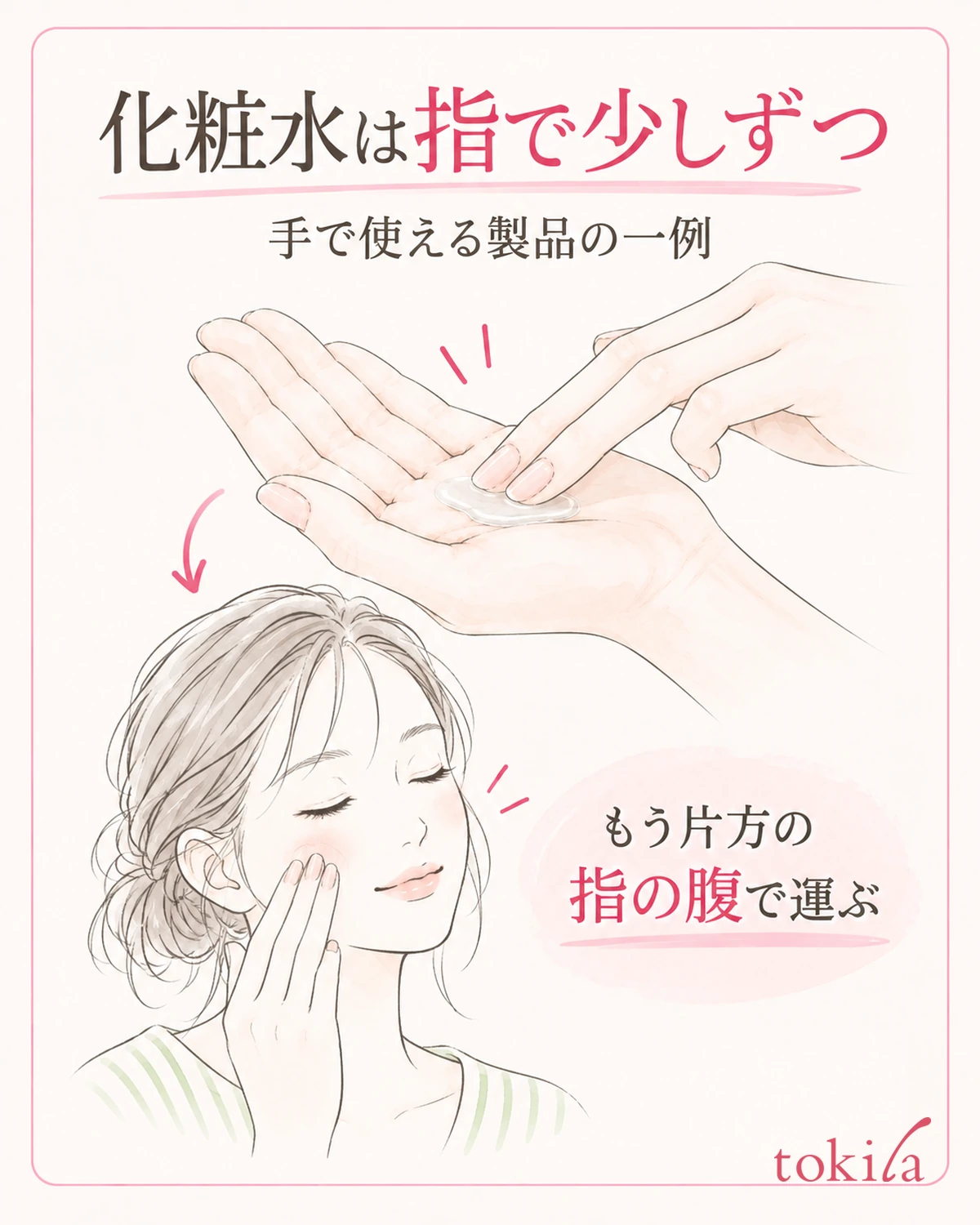 手で使える製品の操作例。受ける手を上向きに保ち、もう片方の指の腹で少しずつ顔へ運ぶ。