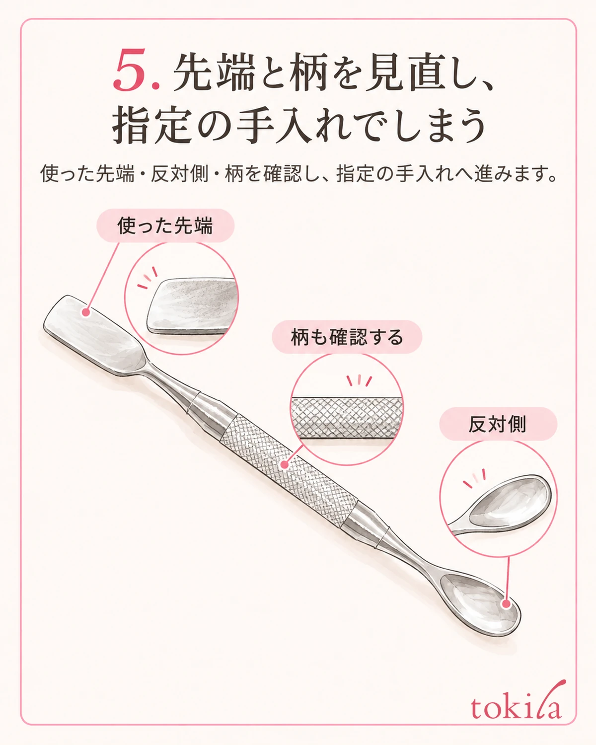 使った先端・反対側・柄を確認し、指定の手入れへ進みます。