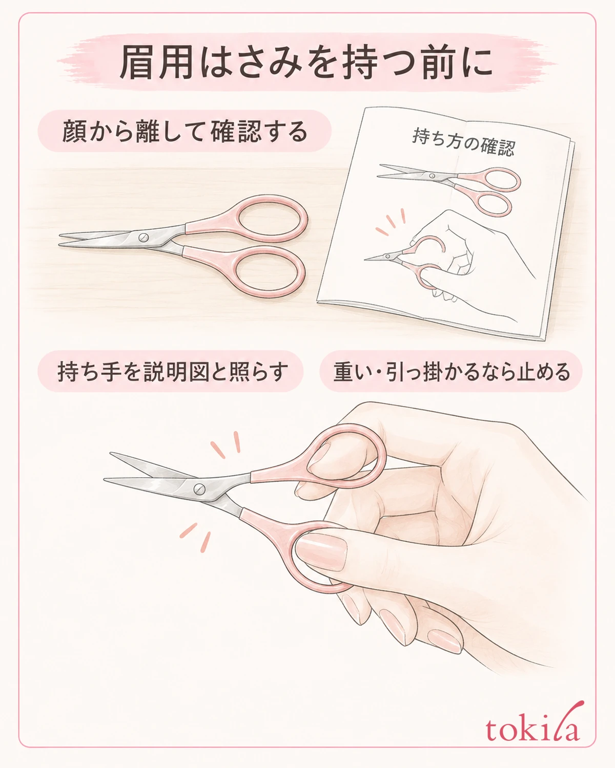 얼굴에서 뗀 손 위치에서 손잡이를 설명과 맞춰 보고, 무리 없이 작게 여닫을 수 있는지 확인합니다.