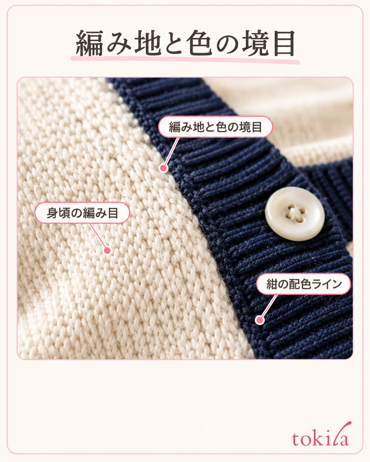 生成りの編み目と紺の前立てのつながりを近くで見ます。